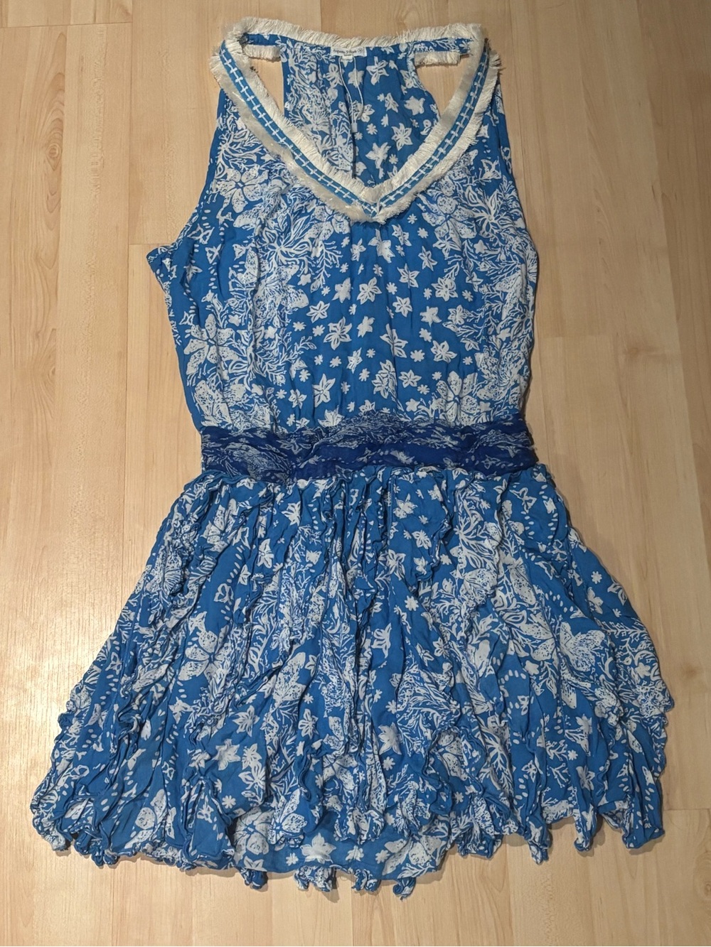 Poupette St Barth Floral Fringe Mini Dress Cover Up Blue White Small S⁠